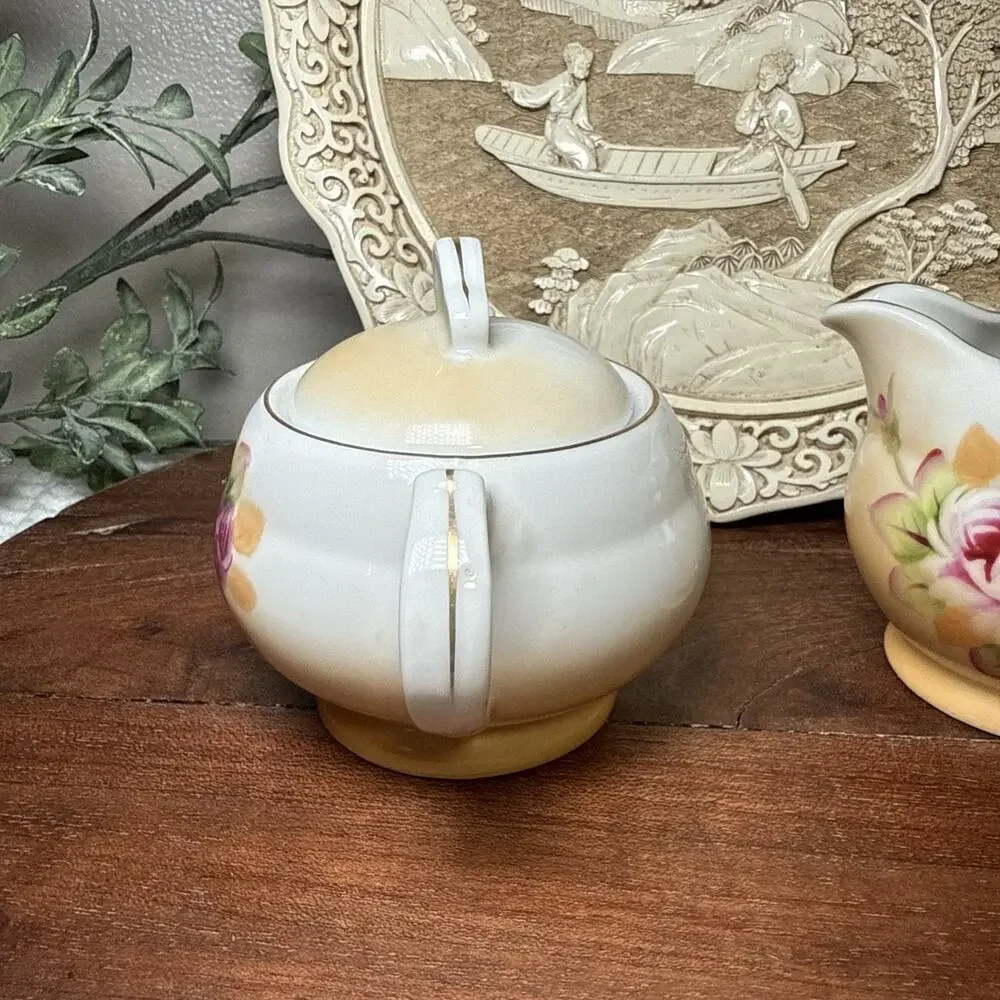 Hand Painted Porcelain Creamer Sugar Bowl Pink Roses Gold Trim Set Vintage